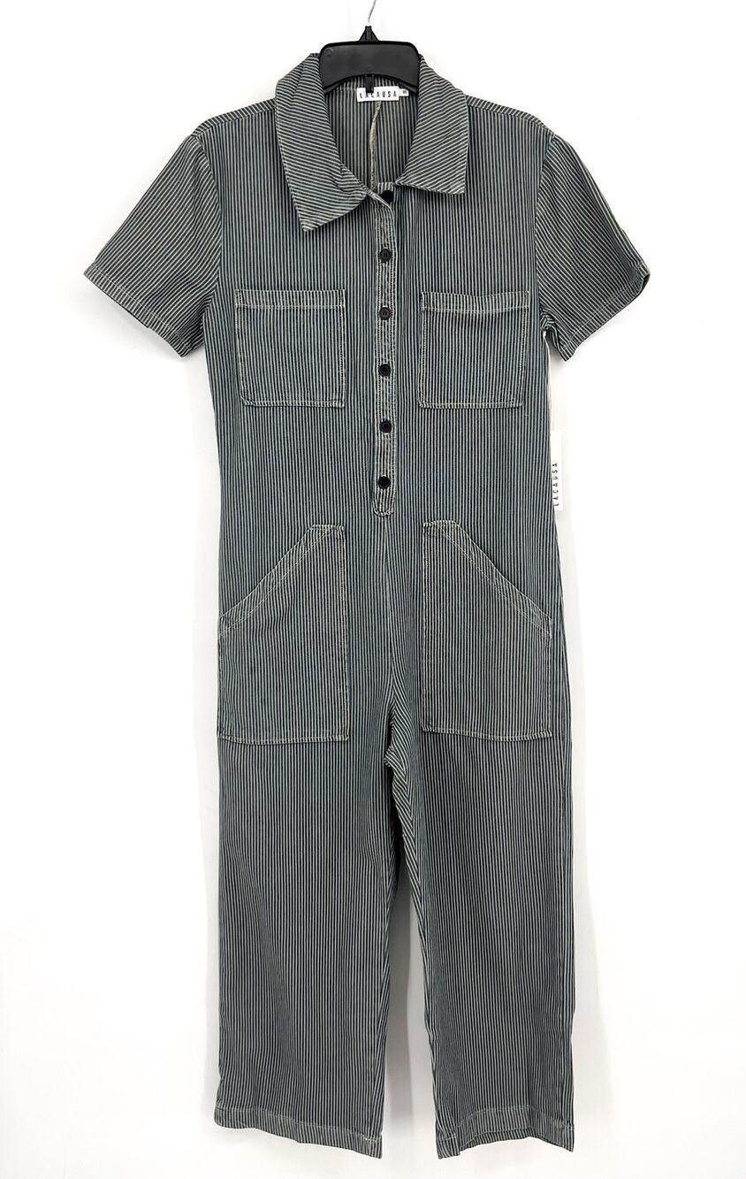 LACAUSA Womens Railroad Lucky Jumpsuit Small Blue Sea Salt Stripe NWT